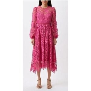 ML Monique Lhuillier Pink Lace Dress 12 Floral Midi Cocktail Party